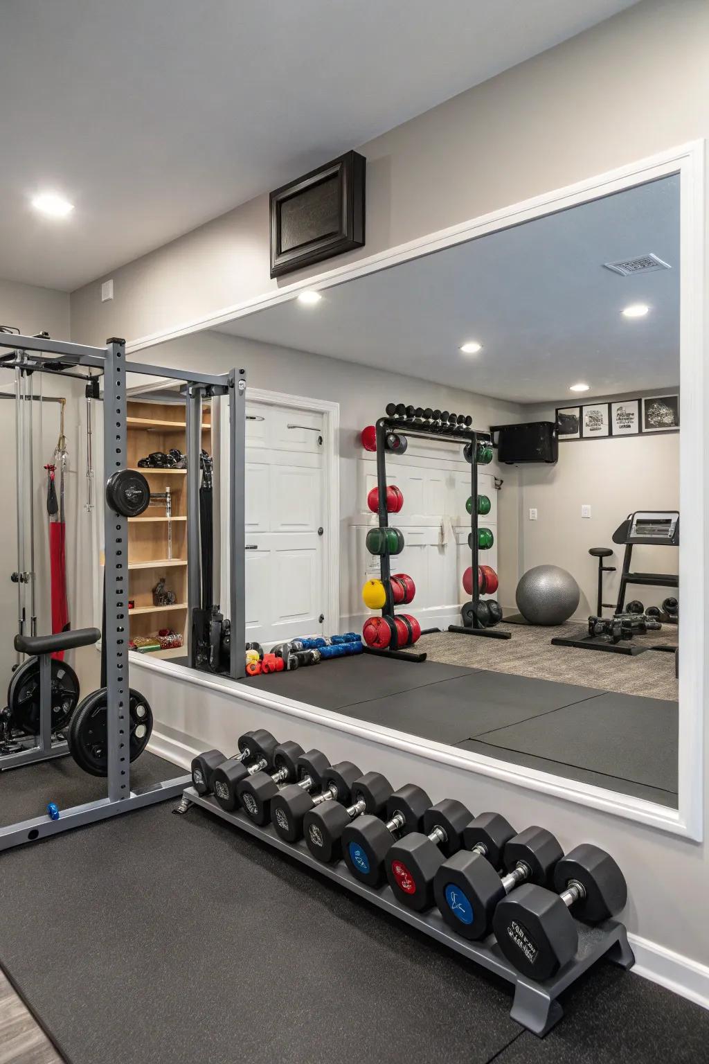 Horizontal mirrors maximize space in this compact gym.