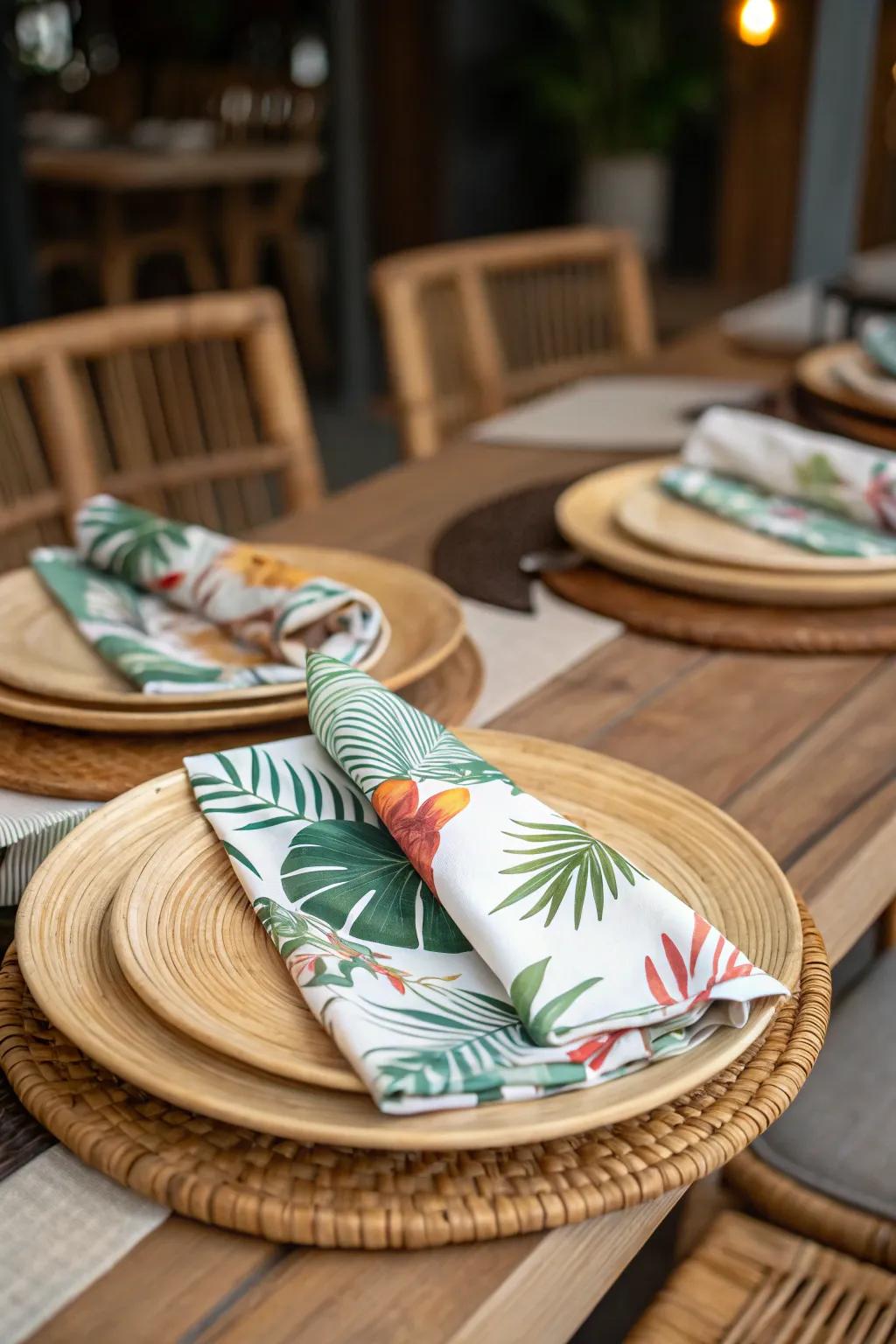 Themed tableware finalizes the tiki aesthetic.
