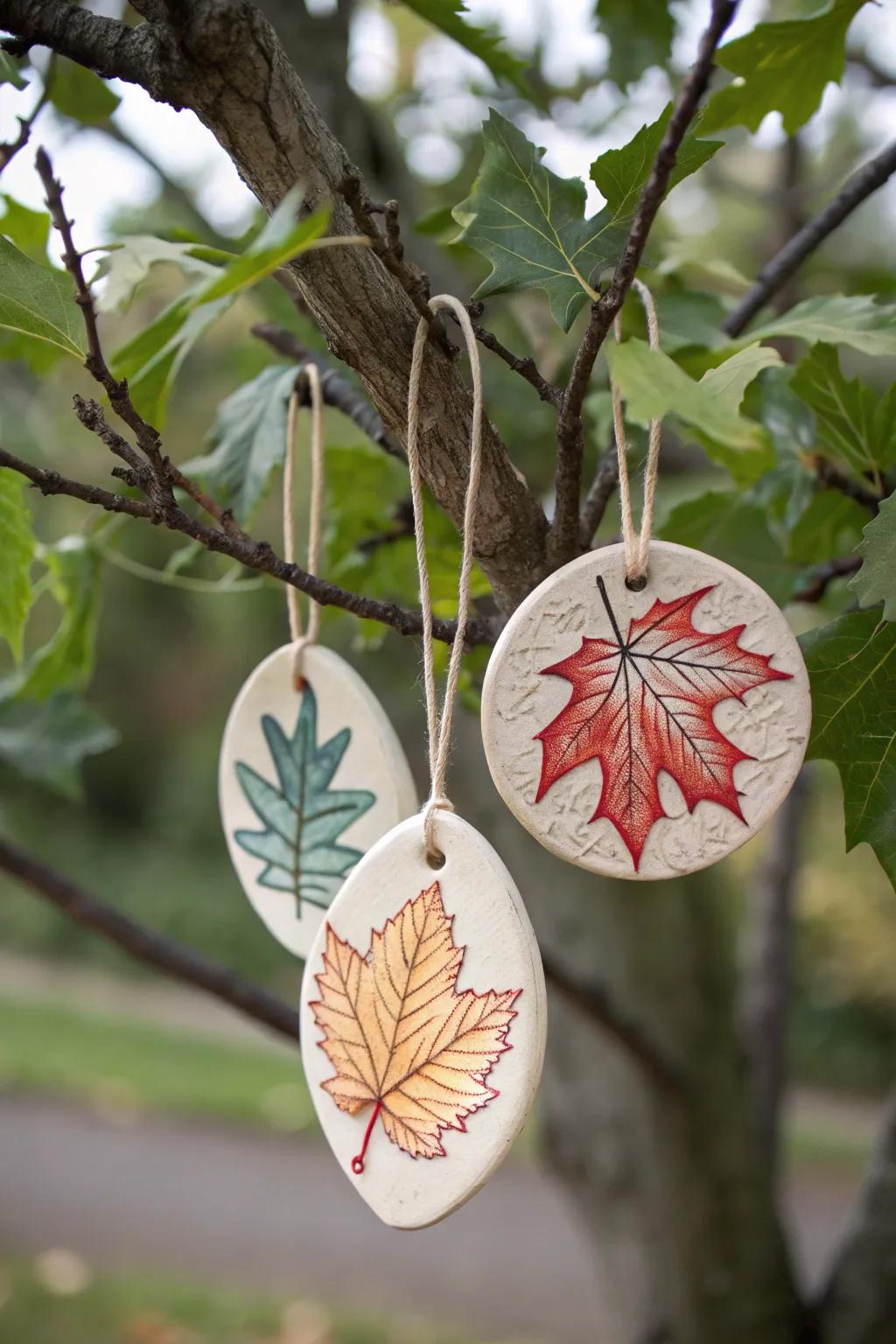 Clay frond impression adornments capturing the essence of nature on the tree.
