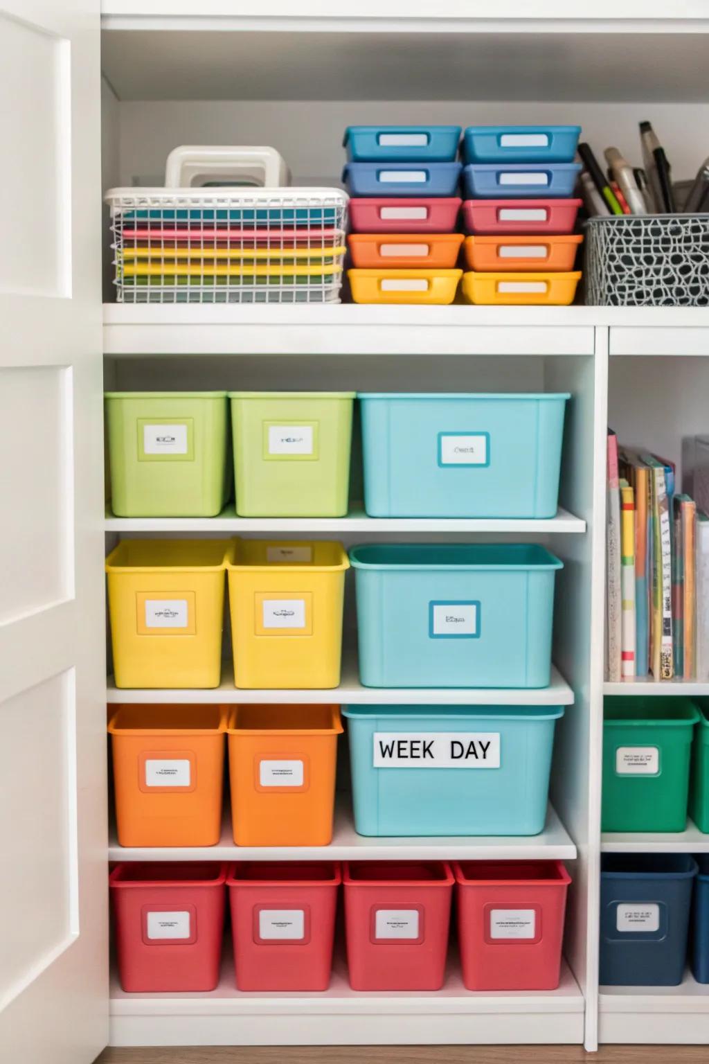 Boxes for supplies on a weekly basis facilitate planning and preparing materials beforehand, streamlining homeschooling.
