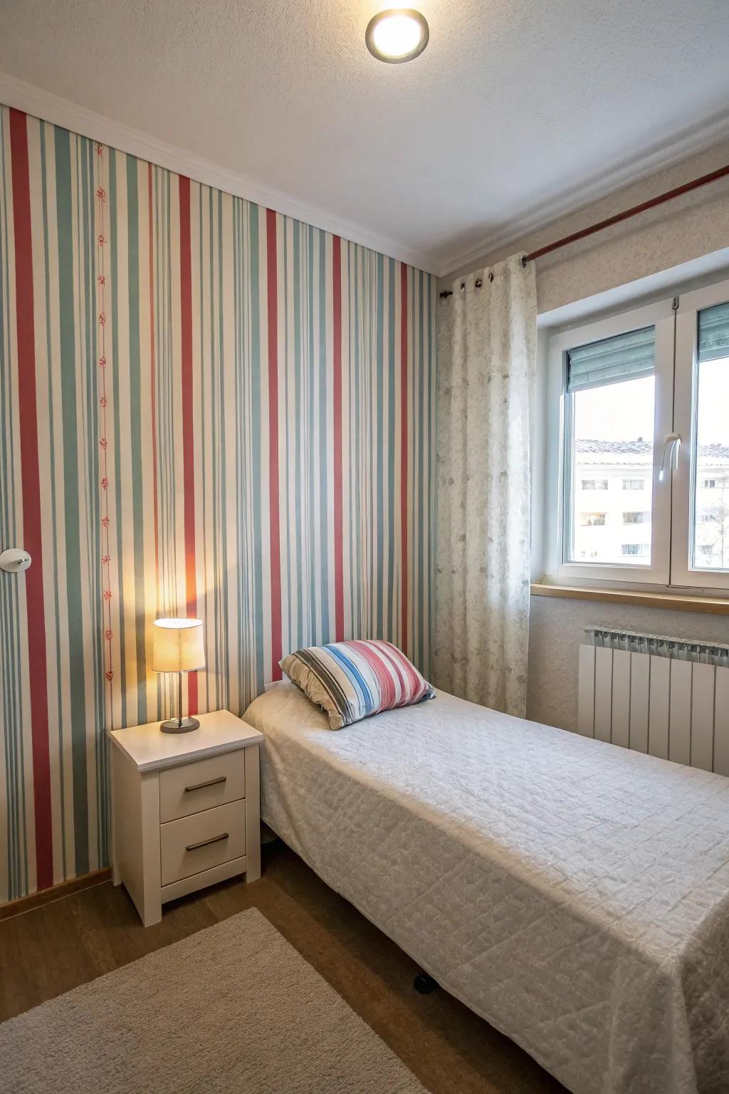 The height of a small room is emphasized with vertical stripes in the wallpaper.