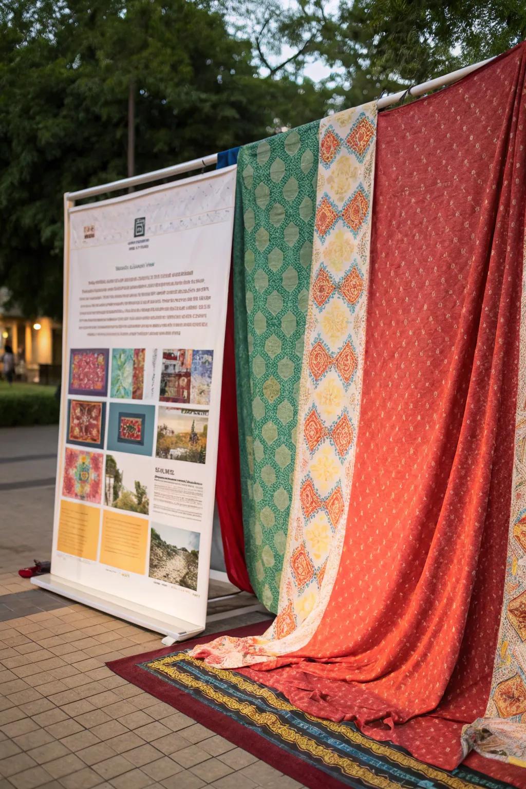 A fabric backdrop adds luxury to poster displays.