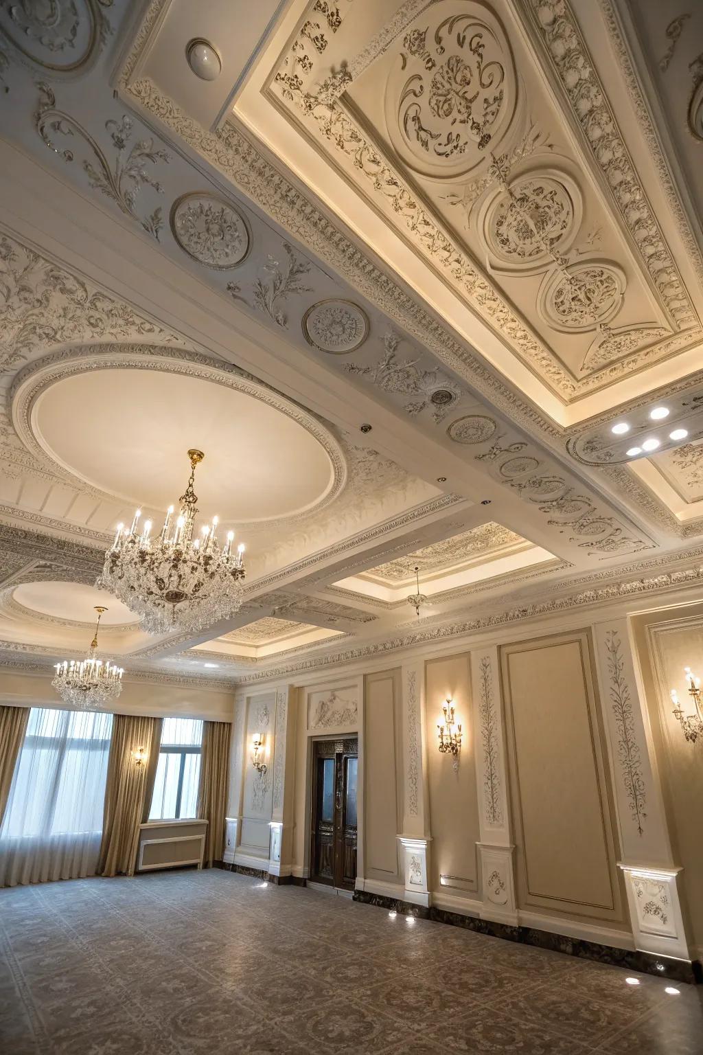 An elegant room featuring intricate roof moulding.