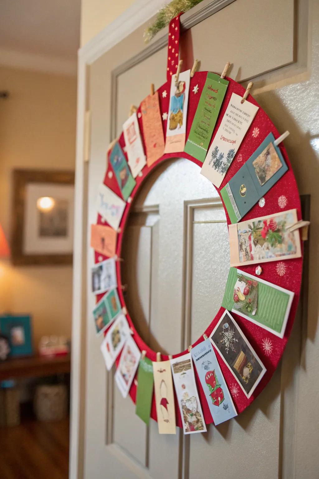 A card wreath contributes a creative twist to holiday décor.