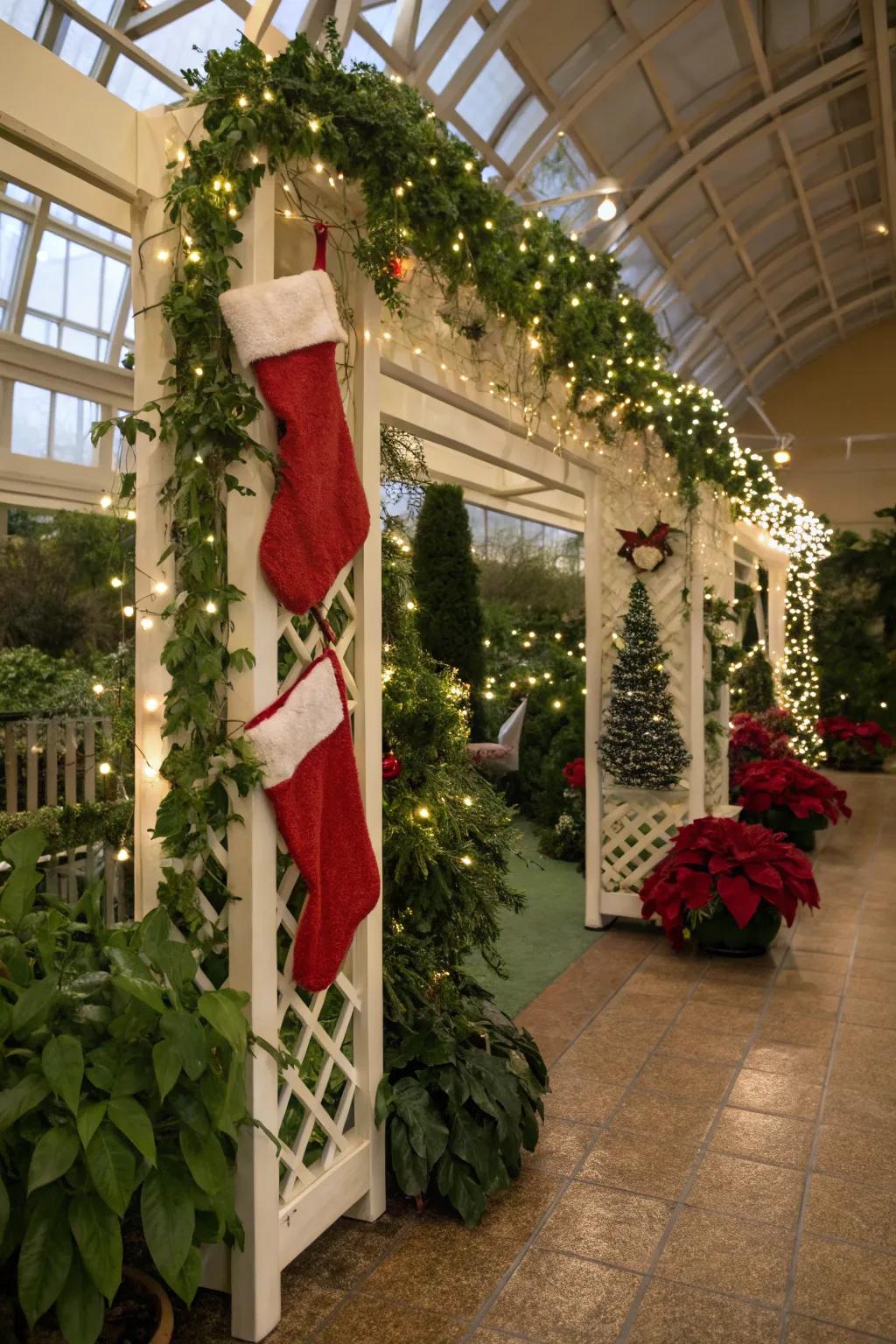 An indoor lattice framework provides a fresh and unanticipated display for stockings.