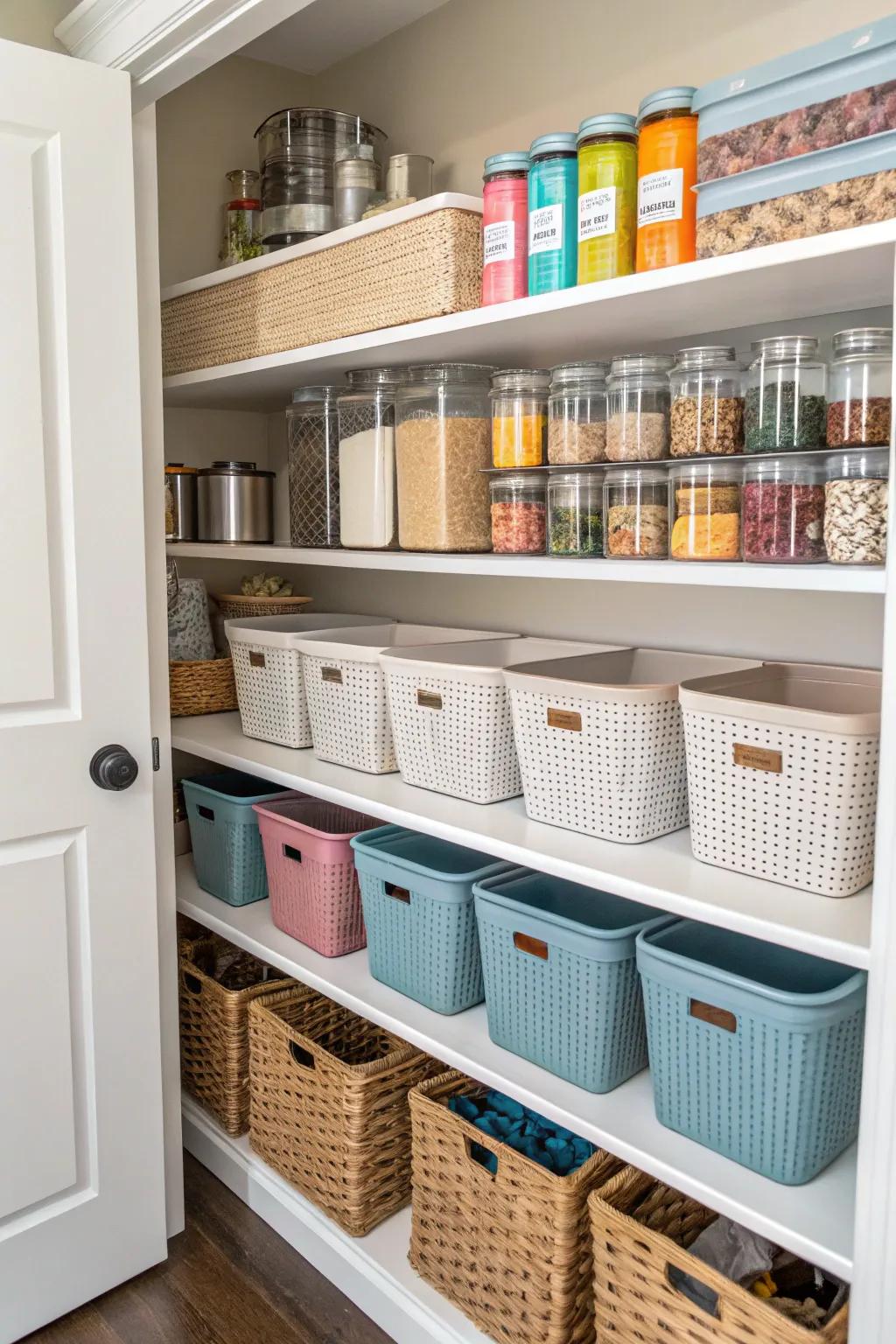 Uniform storing containers create a uniform and orderly pantry.