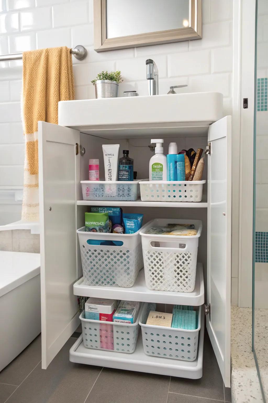 Stackable receptacles in a bathroom cabinet, providing layered storing solutions.