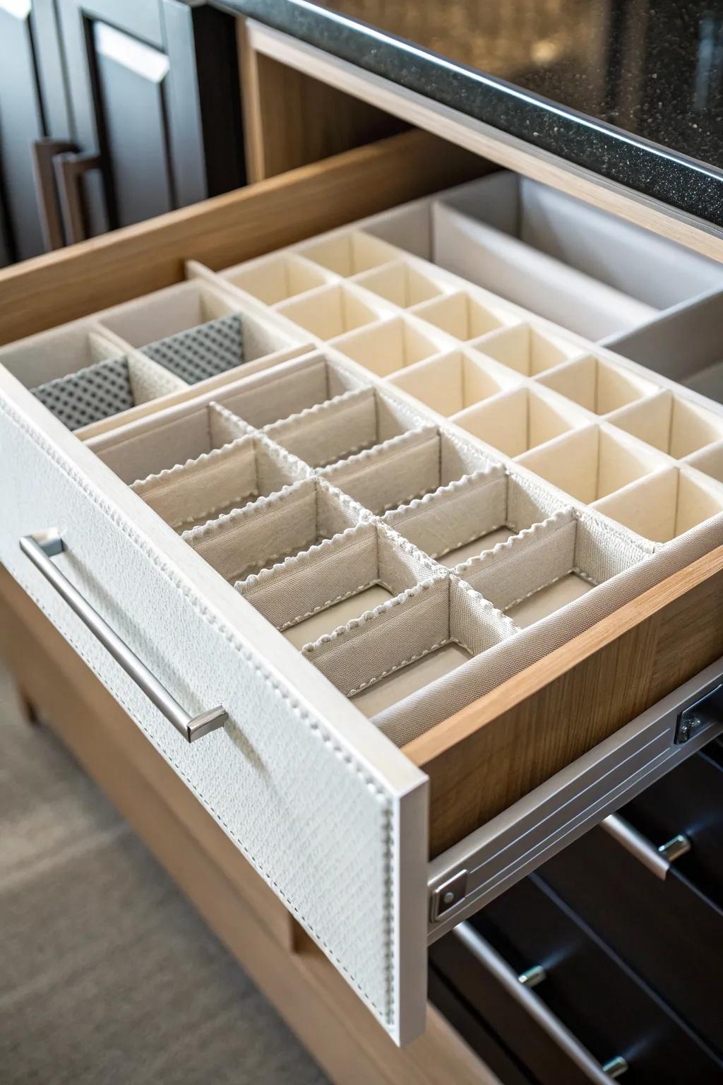 Adjustable dividers for flexible and customizable drawer organization.