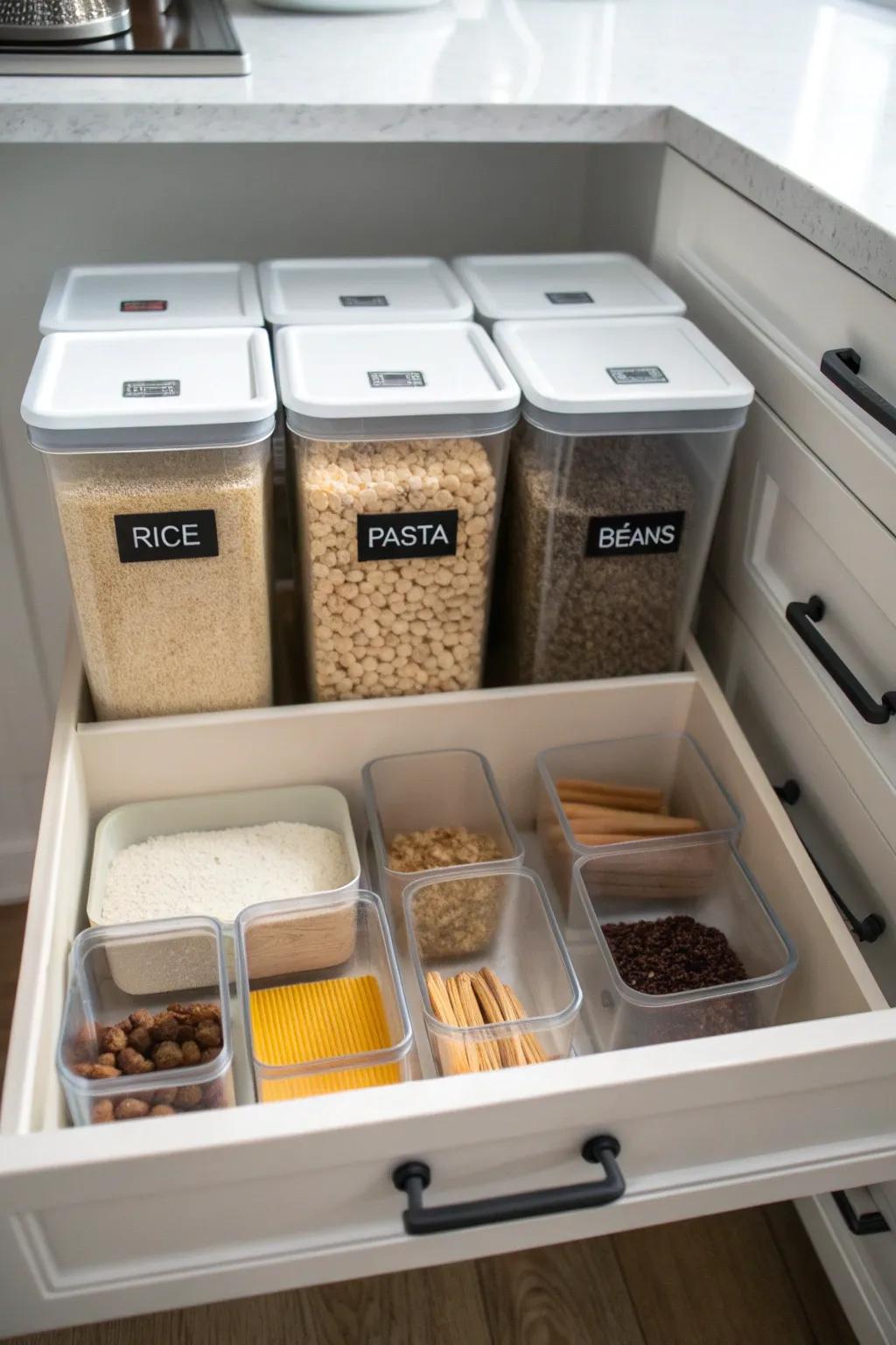 A compact food storage drawer ensures essentials are at your disposal.