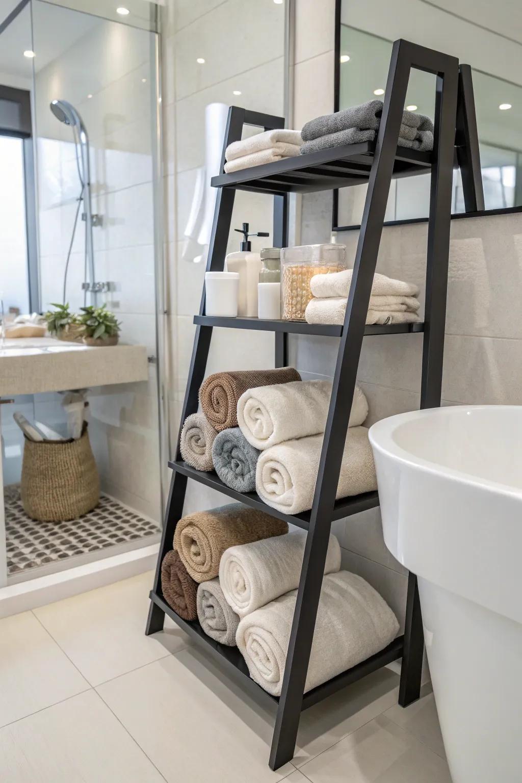 Tiered shelves offer dynamic and attractive towel displays.