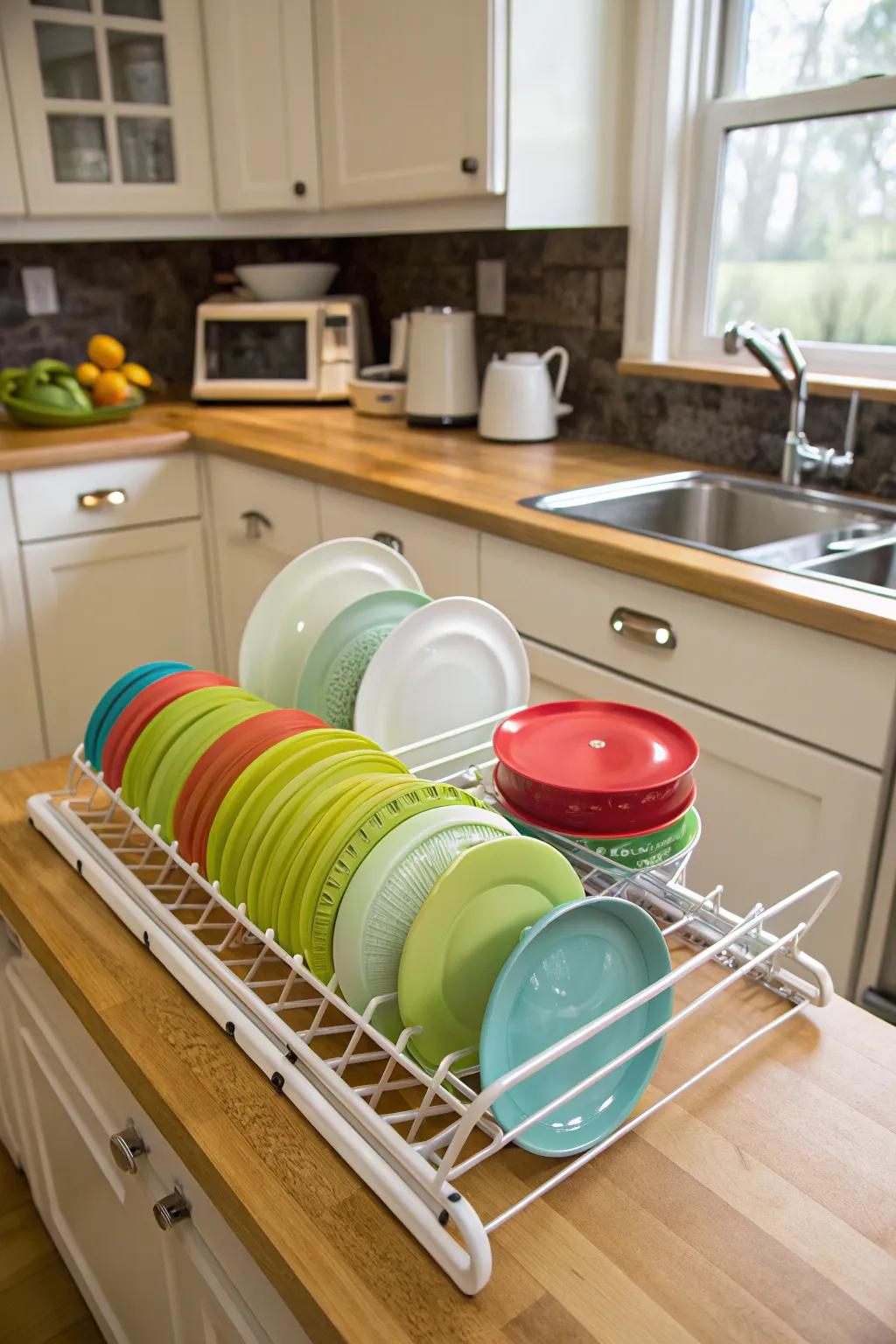 A roll-up drying rack repurposed as a lid organizer.