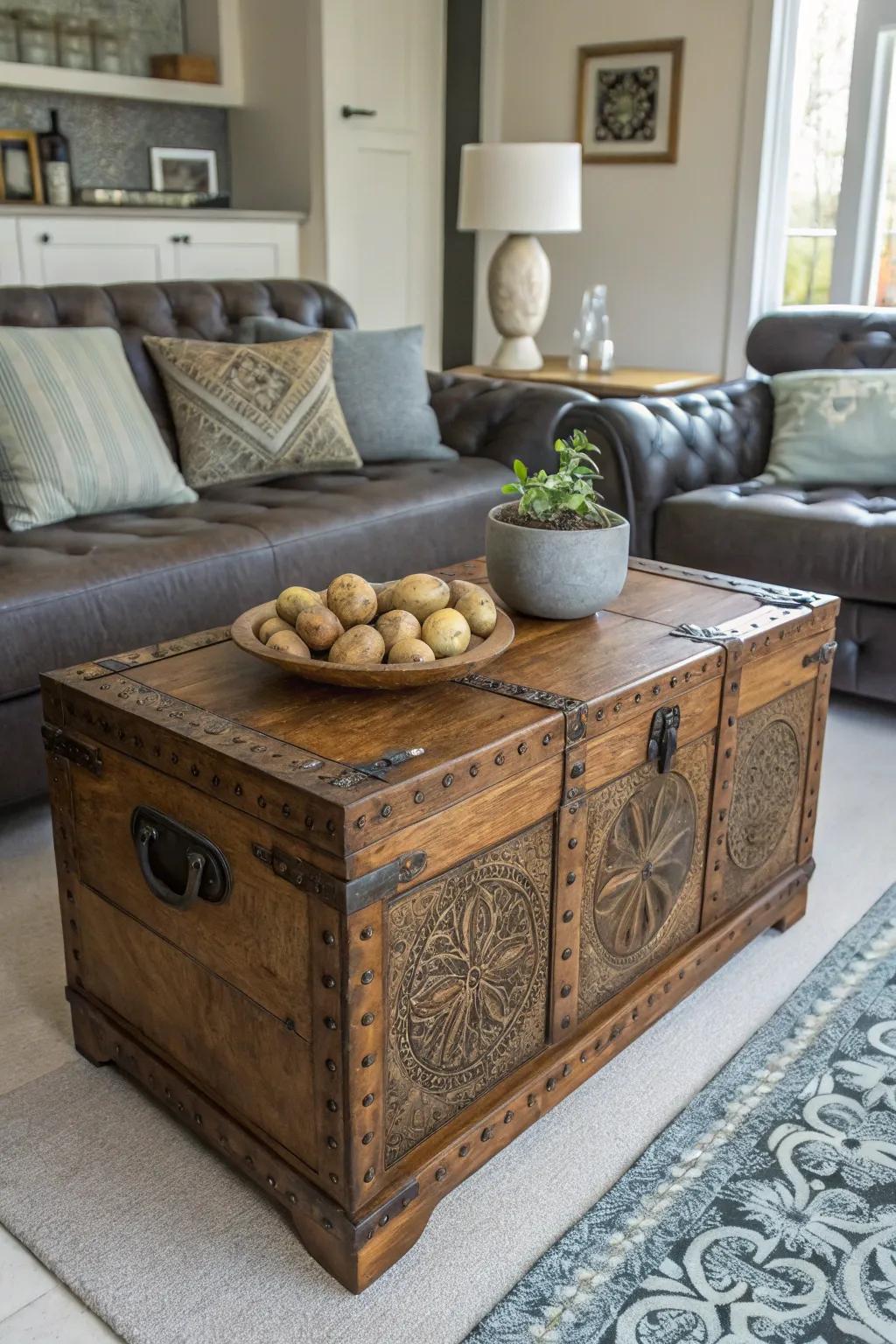 Vintage trunk gives charm while holding spuds.