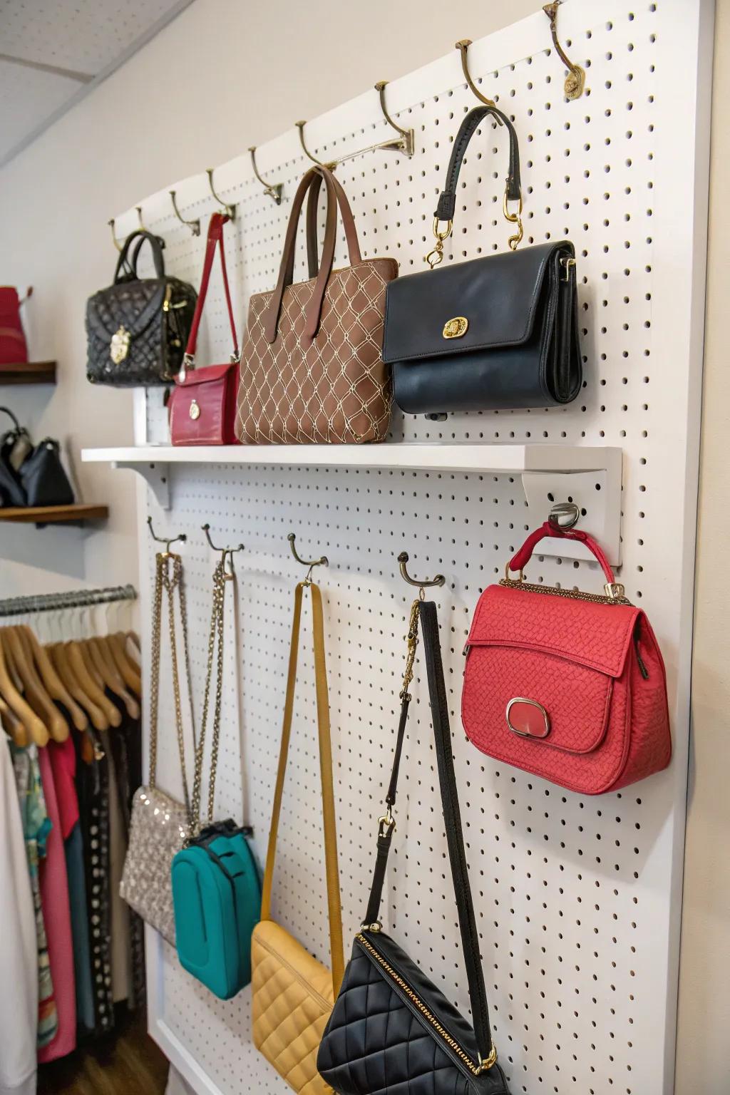 A pegboard wall providing flexible and creative bag storage options.