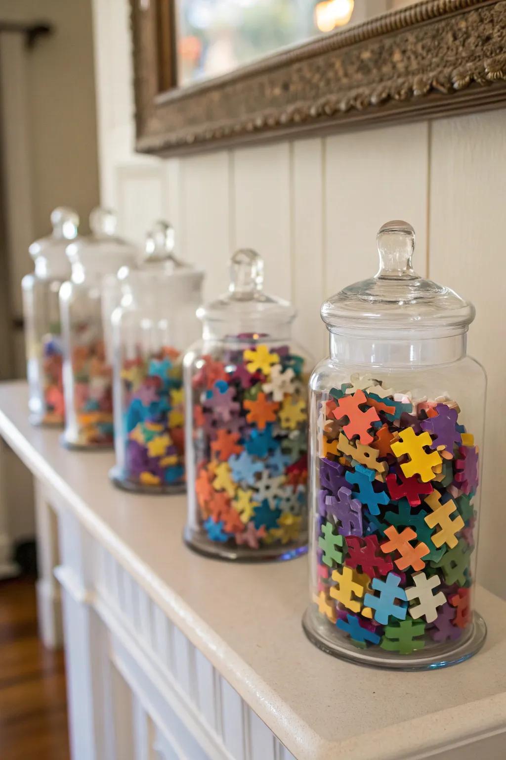 Glass jars artistically presenting mini puzzle parts.