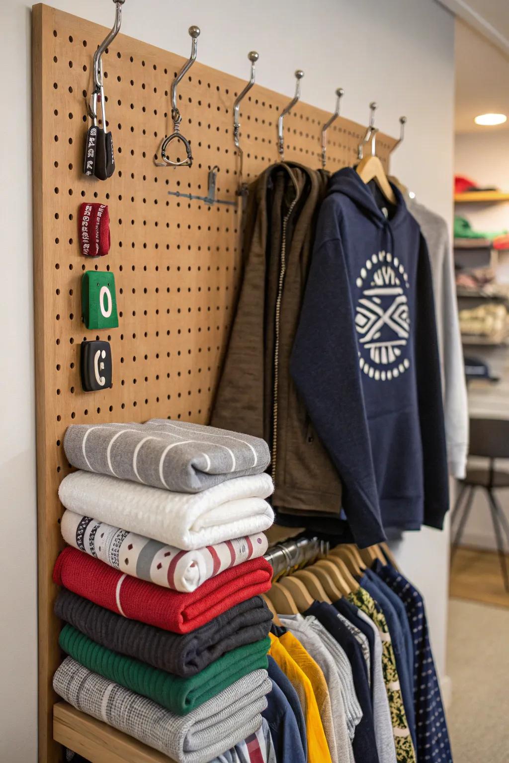 Pegboards provide a creative and functional way to store sweatshirts.