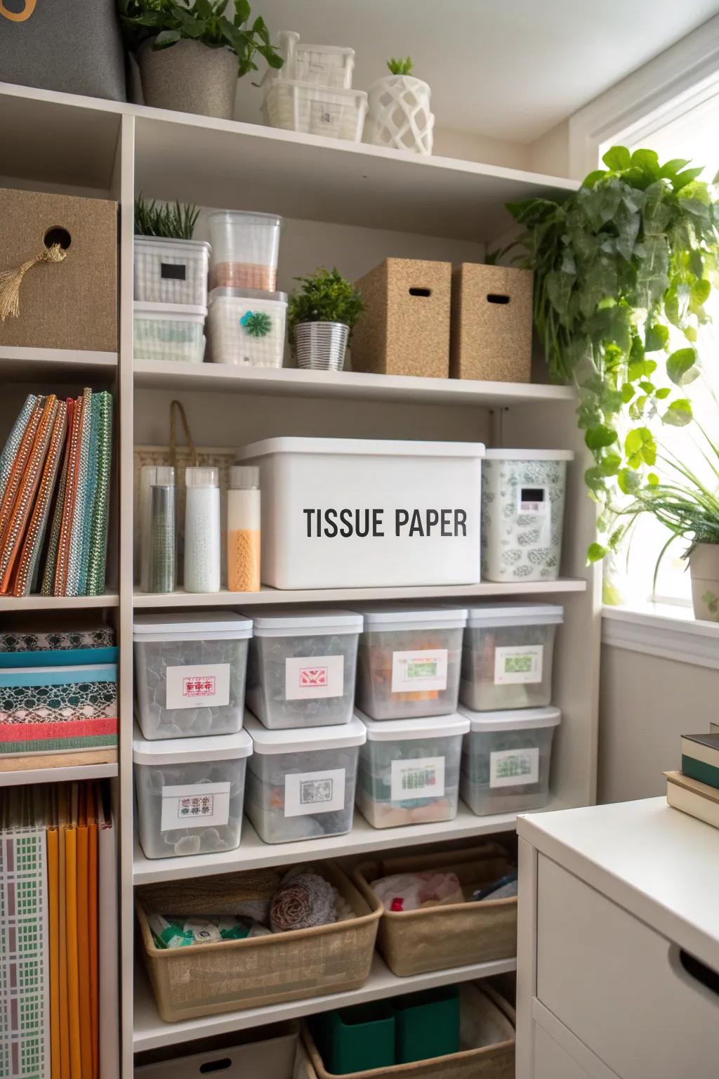 Labeled storage boxes make finding crepe paper a breeze.
