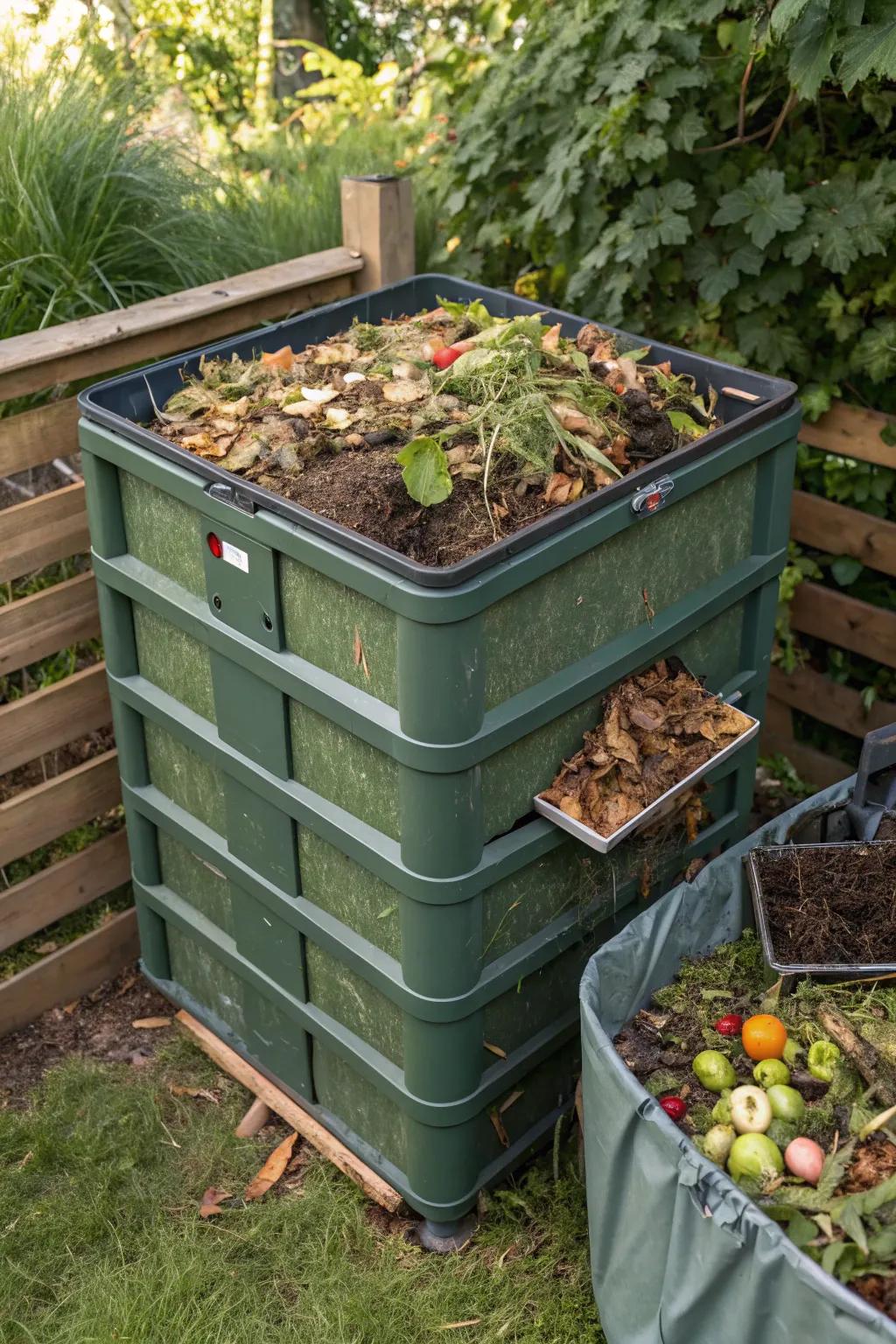This compost bin displays the ideal layering of green and brown materials for optimal breakdown.