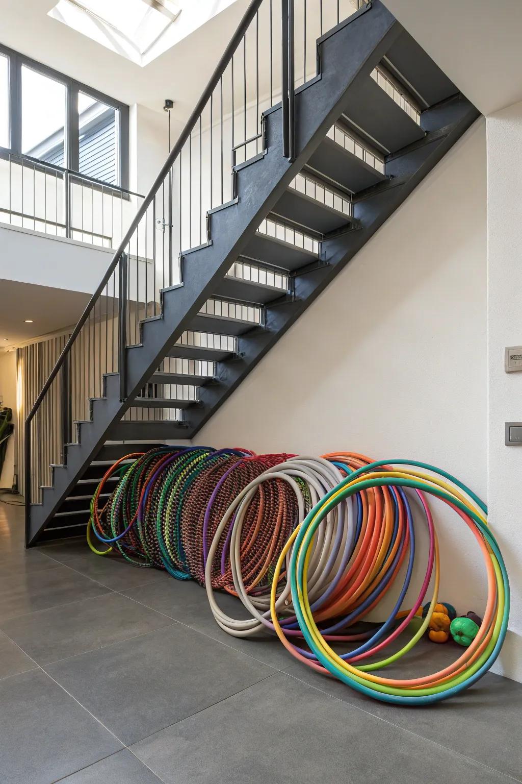 Hula hoops smartly stored under a staircase, efficiently using often-ignored space.