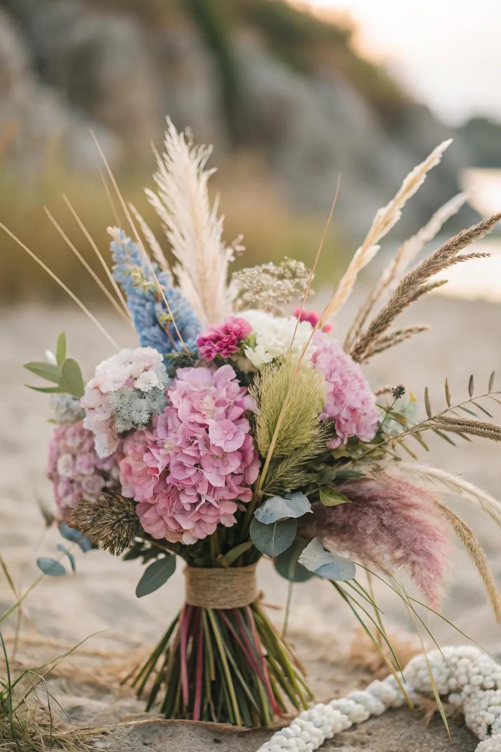 A free-spirited bouquet with hydrangeas, feathers, and untamed grasses.