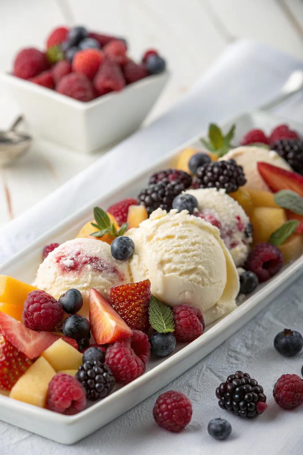 Frozen fruit garnishes adding color and freshness to the dessert.
