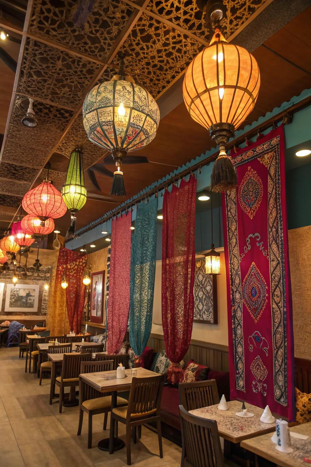 Creative use of vertical space with hanging decor.