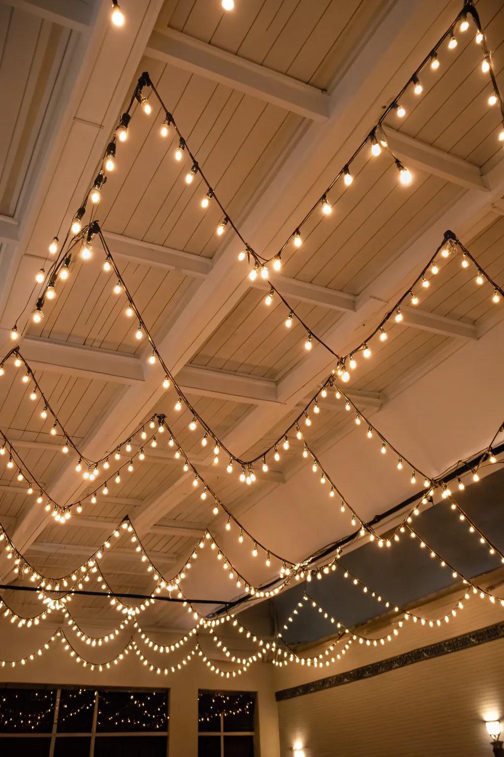 Introduce a playful element with a dynamic crisscross twinkle light pattern.