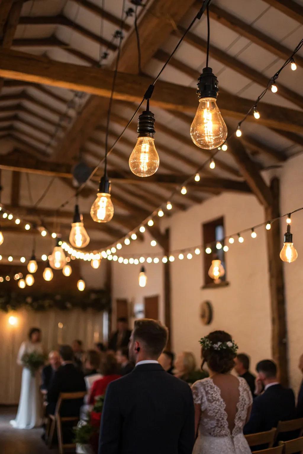 Vintage bulbs adding country charm with a contemporary spin to the wedding.