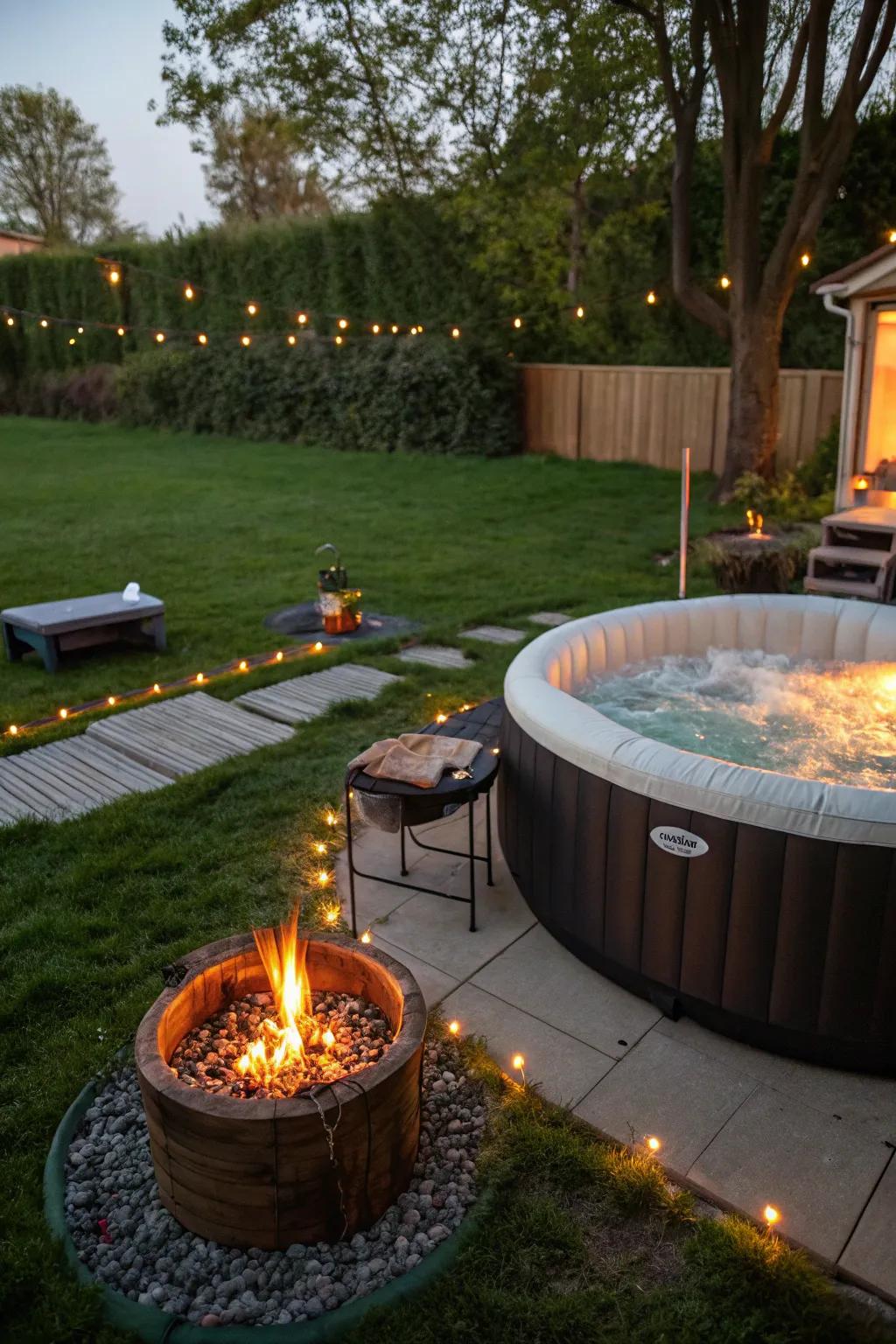 A fire pit introduces warmth and charm to the hydro-haven area.