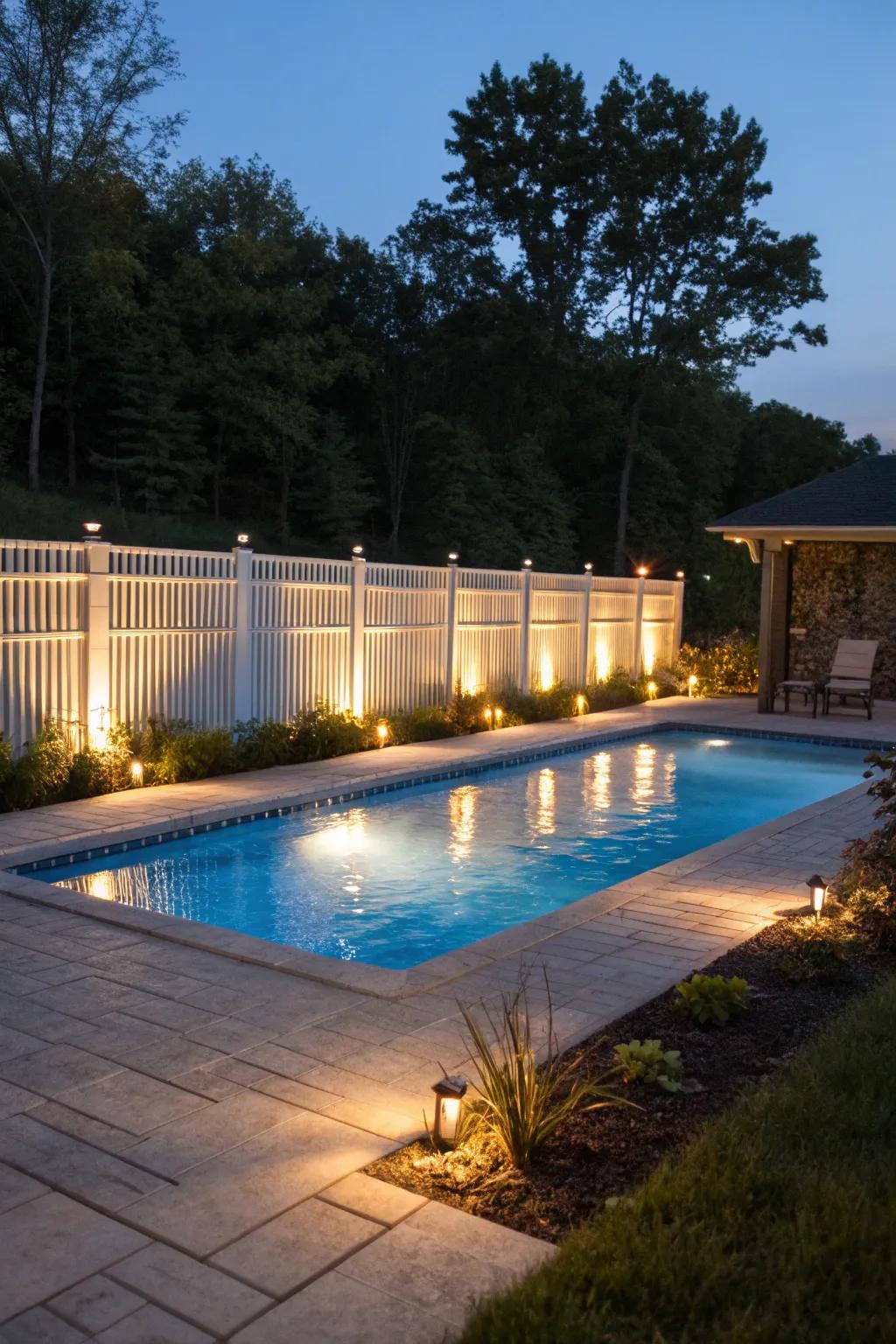 Integrated lighting adds ambiance and safety to pool perimeters.