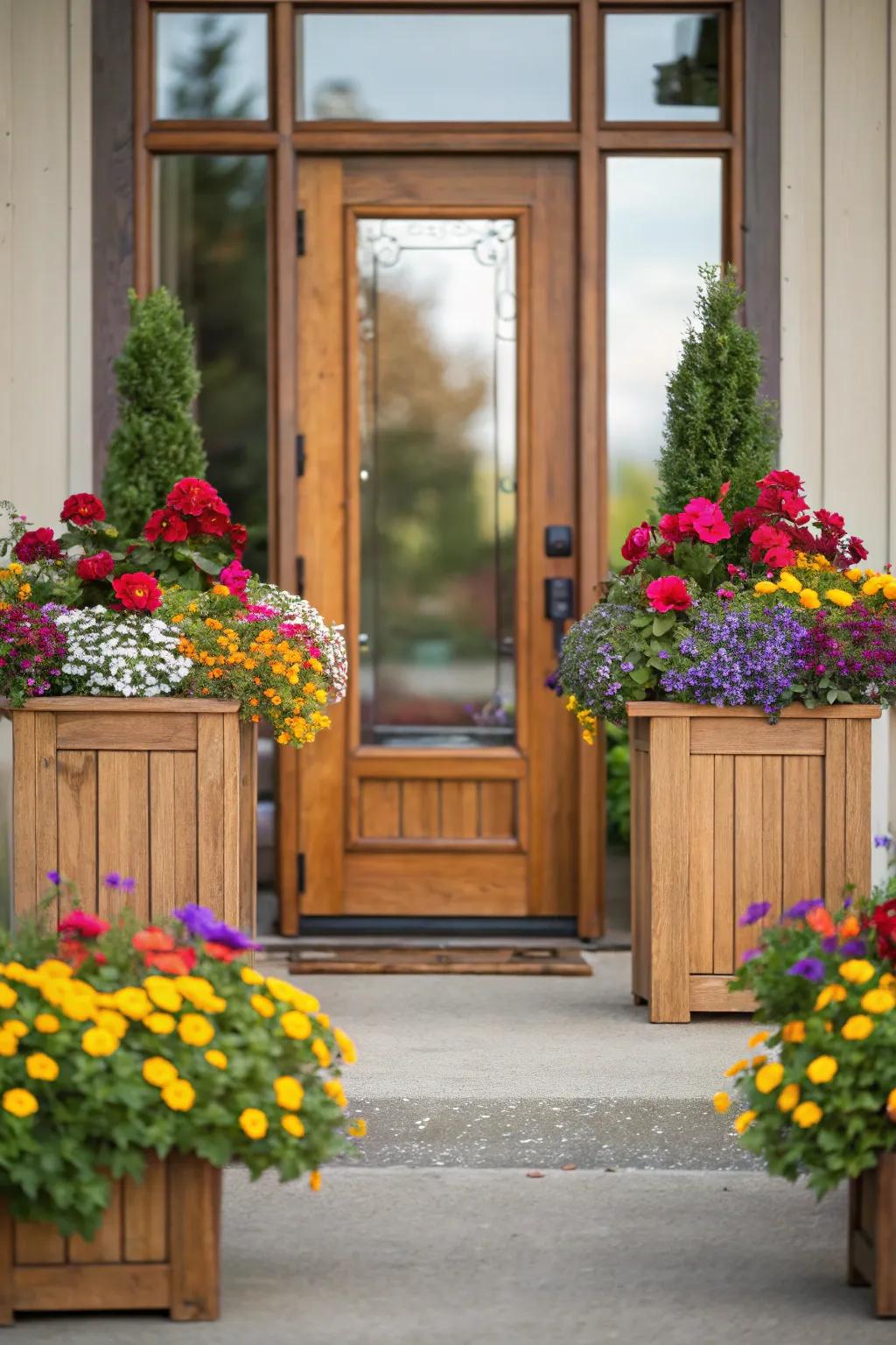 Planting boxes bring vibrancy and life to this entrance.
