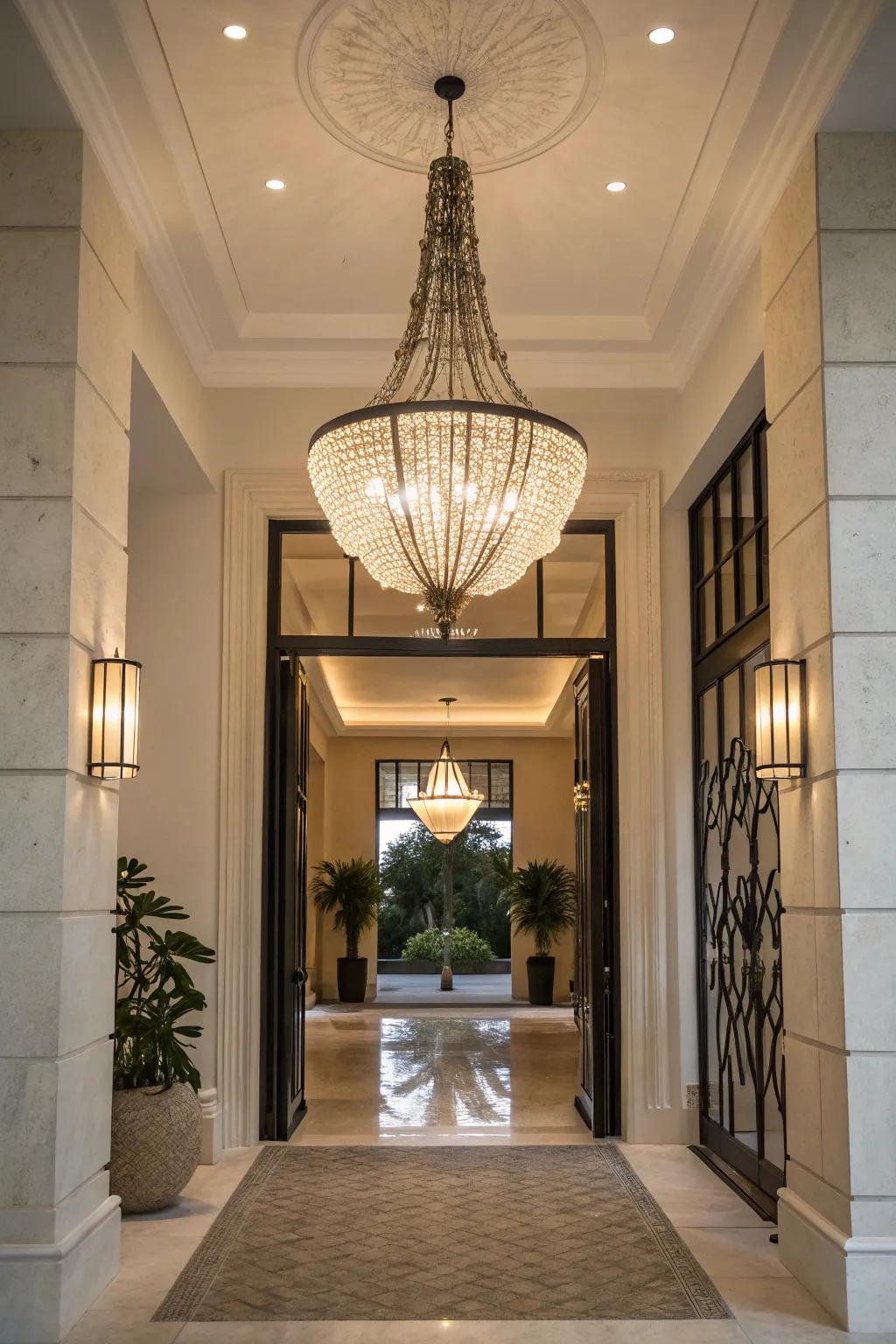 An ornamental light fixture serving as art in an entryway.