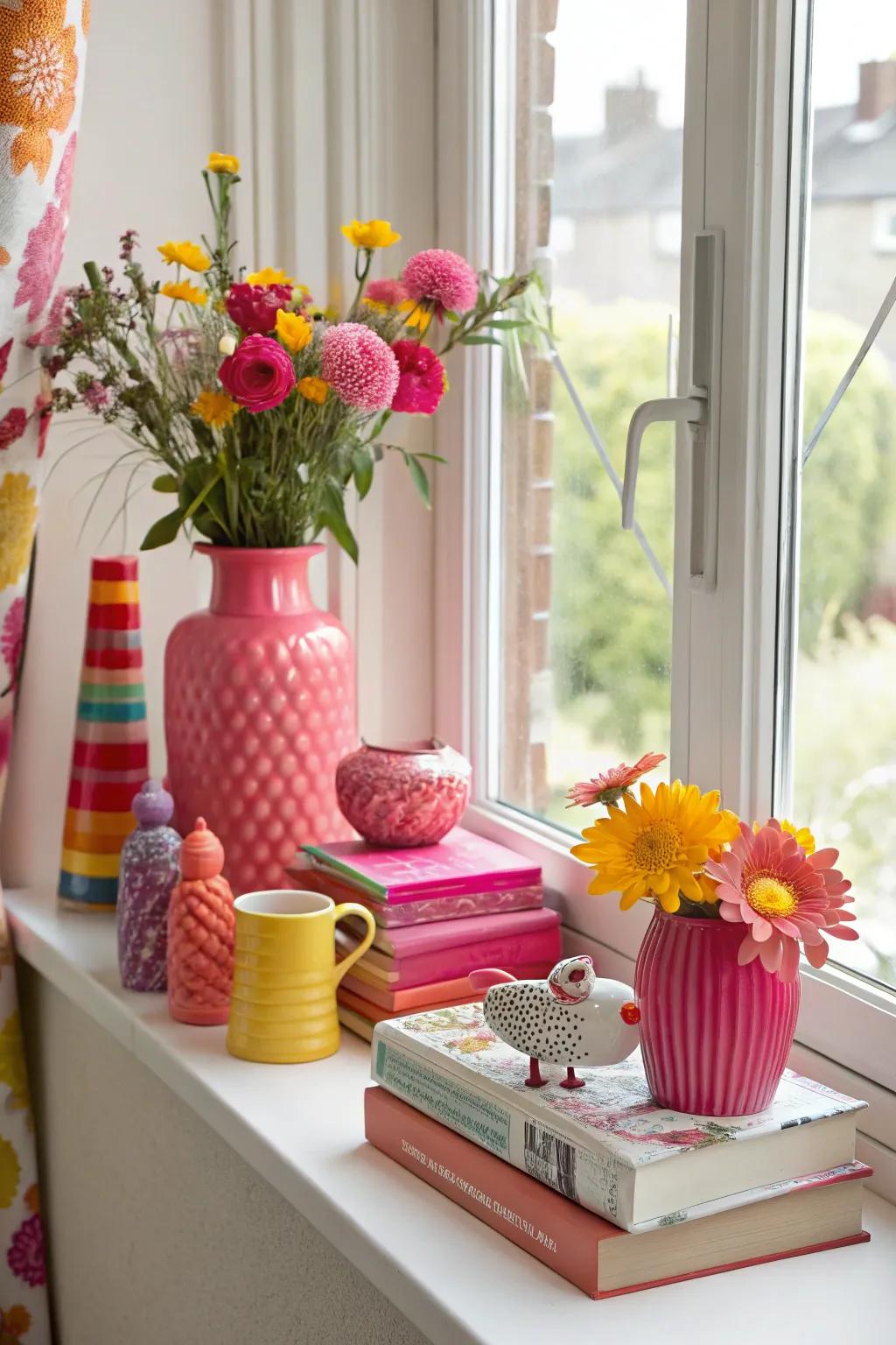 Vibrant colors transform your window sill into a lively focal point.