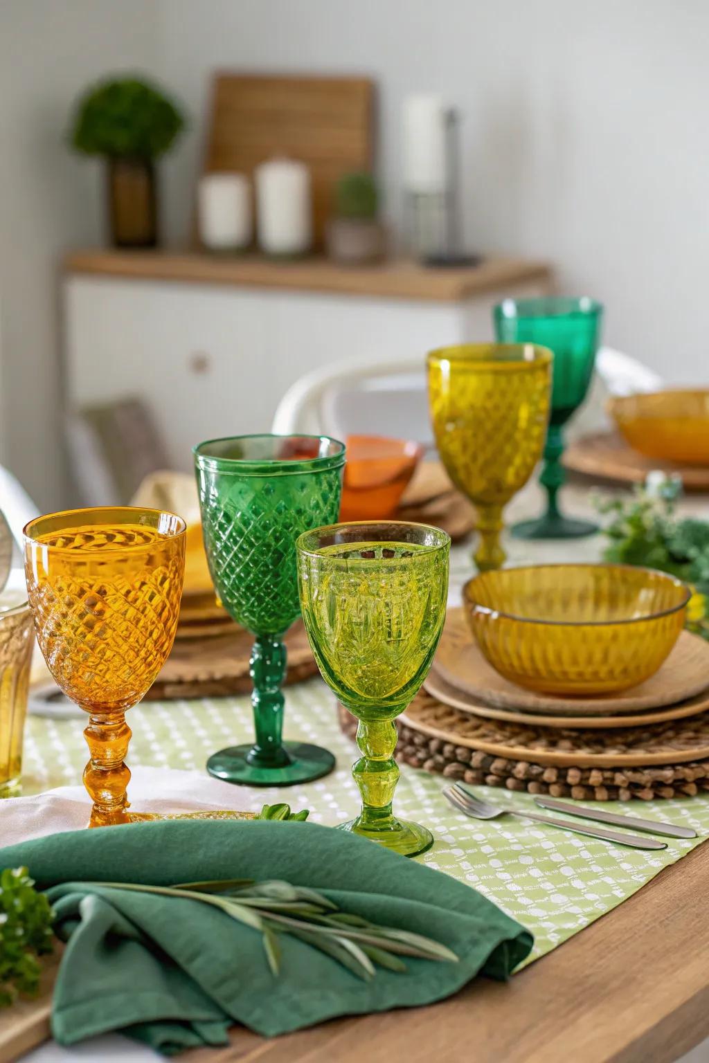 Colorful glassware brings vibrancy to the table.