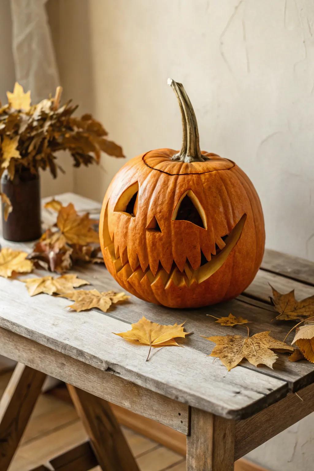 Contribute a quirky twist to your Halloween with this uniquely sculpted jack-o'-lantern!