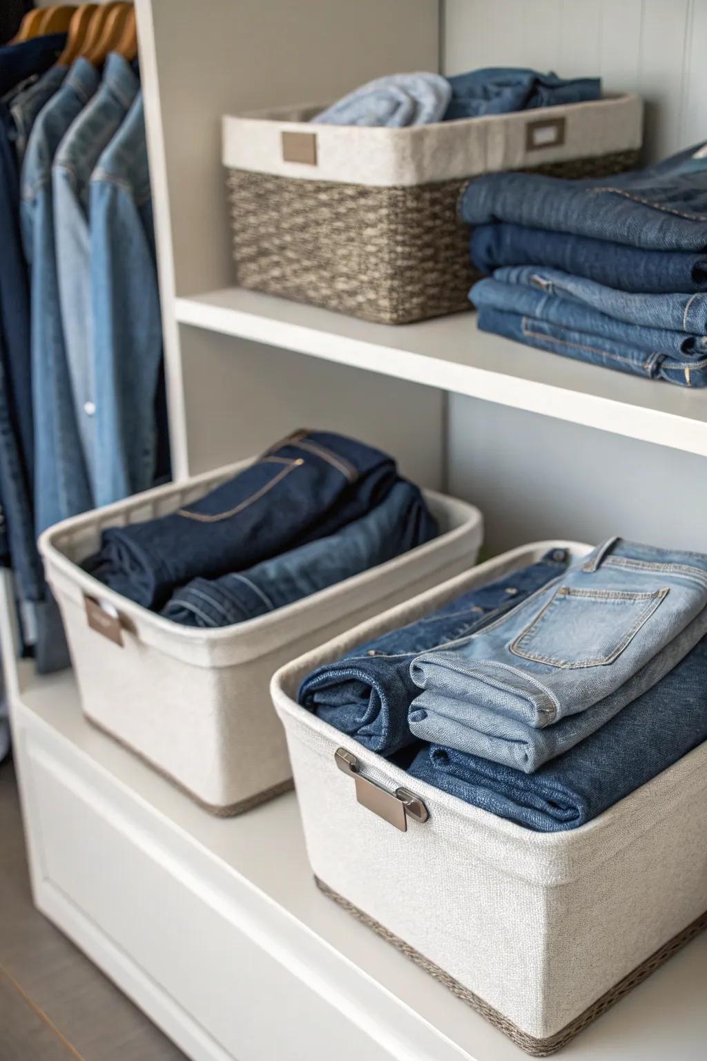 Fabric baskets provide a chic storage solution for jeans.