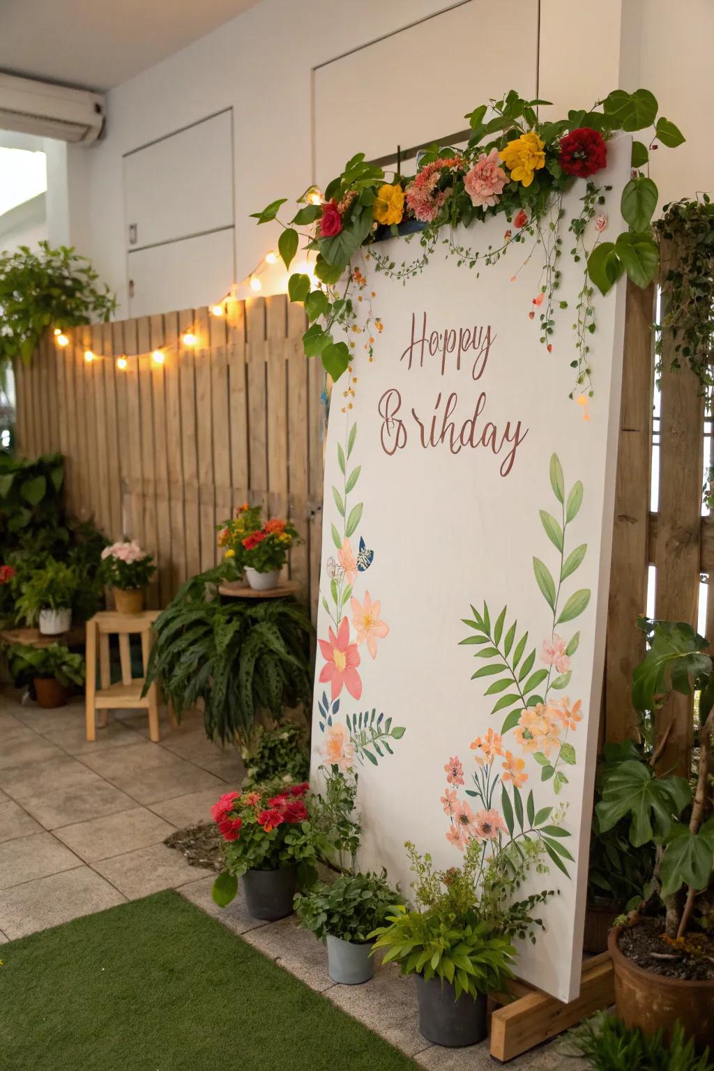 A flower garden party-style birthday board displaying summer's natural charm.