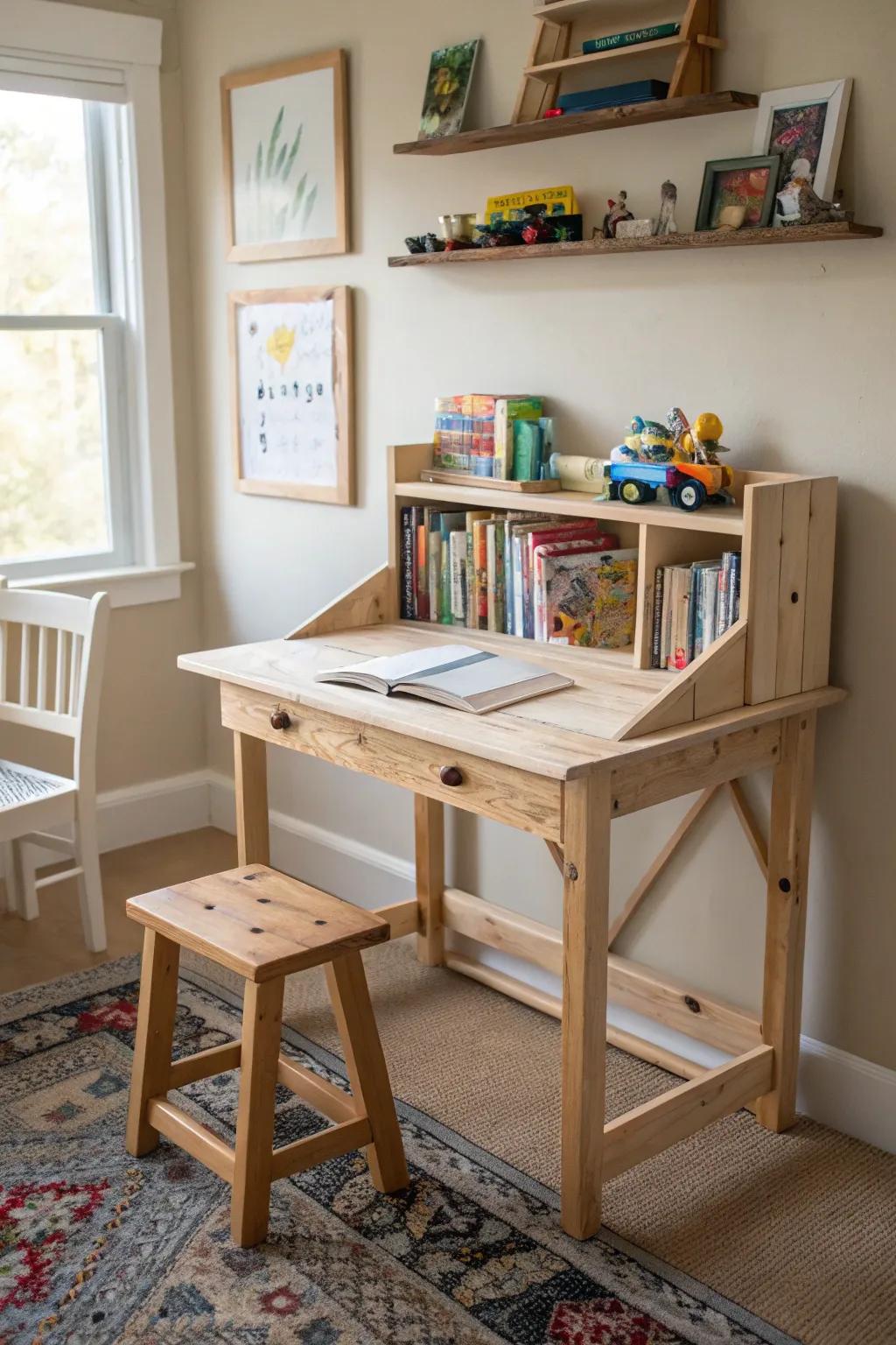 Rustic handmade desks provide charm and individuality.