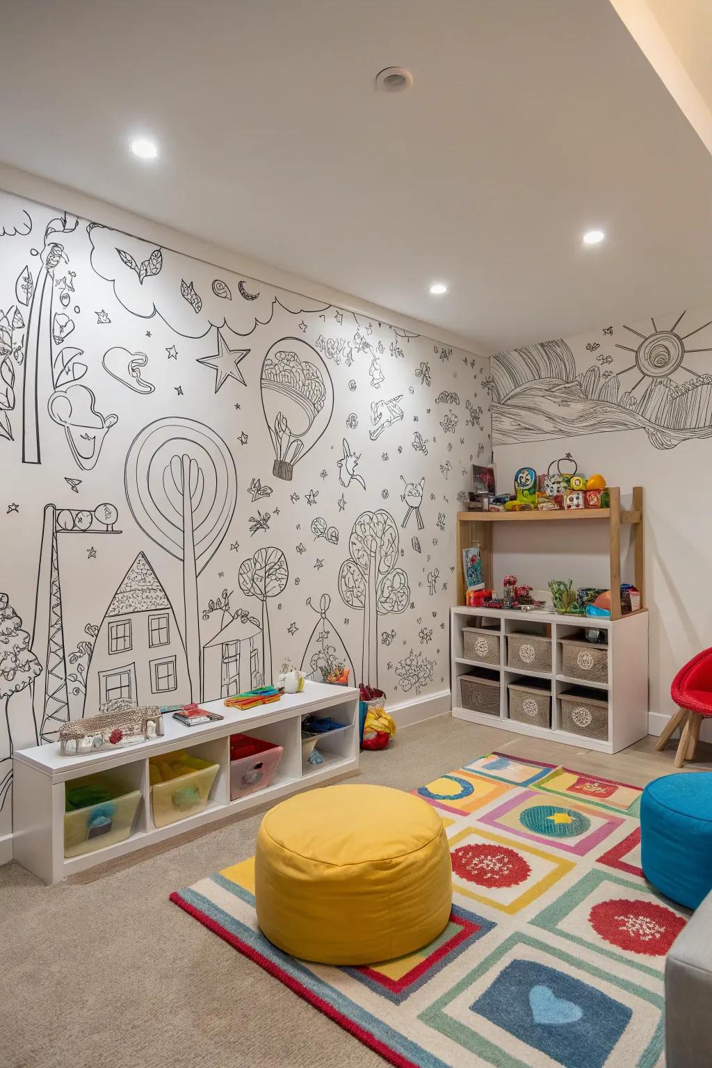 A playroom showcasing doodle-inspired wall decoration outstanding for inventive intellects.