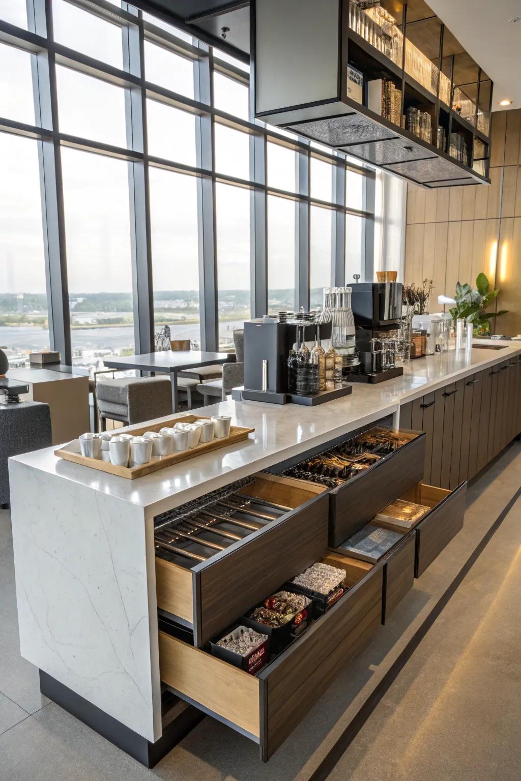 Concealed storage techniques ensure your coffee bar is tidy.