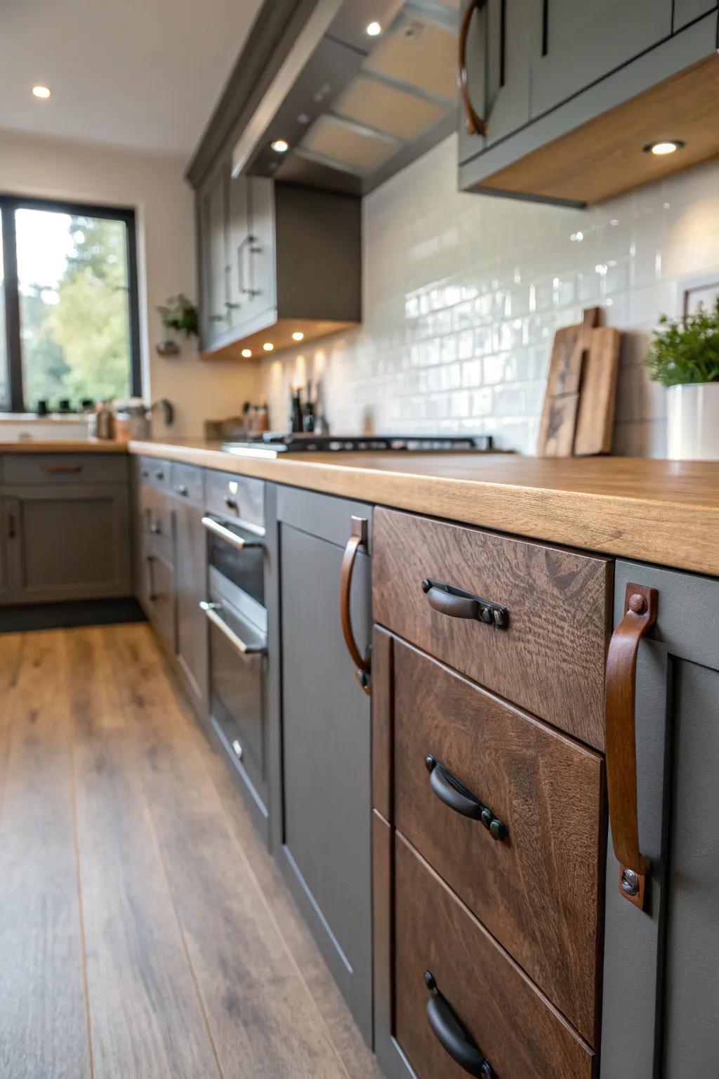 Leather accents enhance warmth and luxury to kitchen decor.