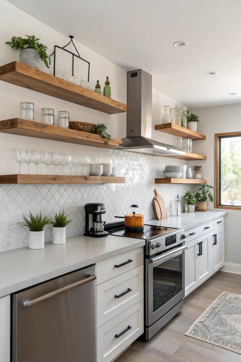 Floating shelves add sleek and minimalist storage.