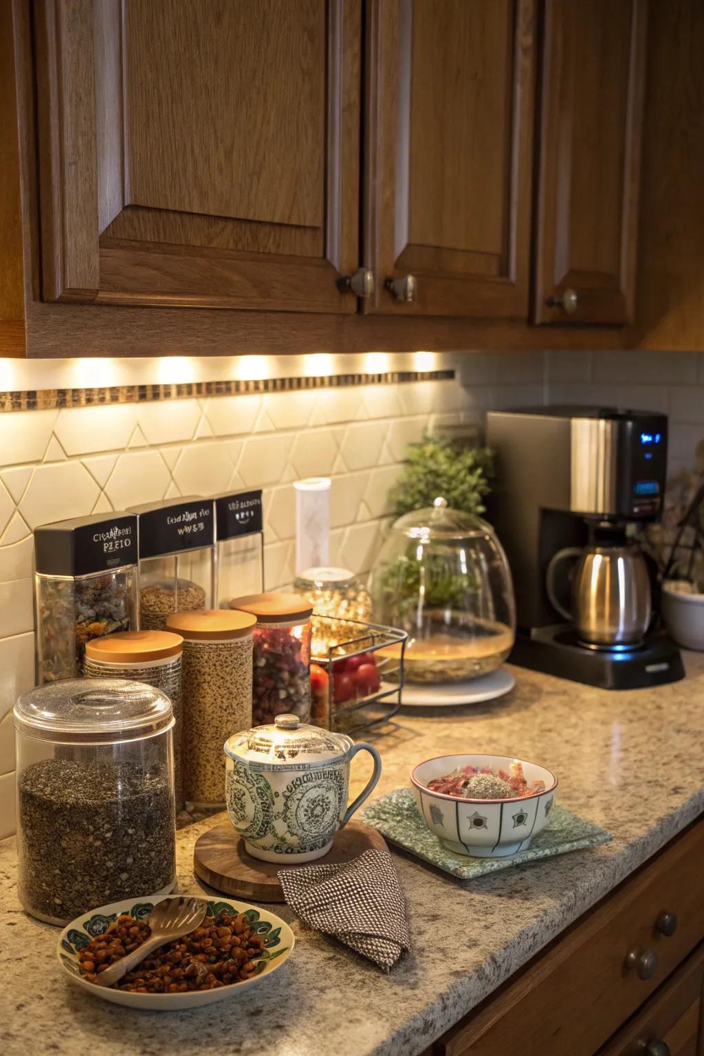 Task illumination enhances the kitchen's ambiance.