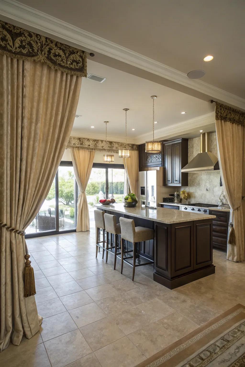 Floor-sweeping curtains bring elegance and drama to larger kitchens.