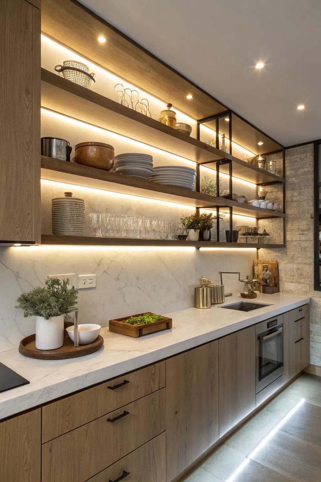 Integrated lighting adds warmth to your shelves.