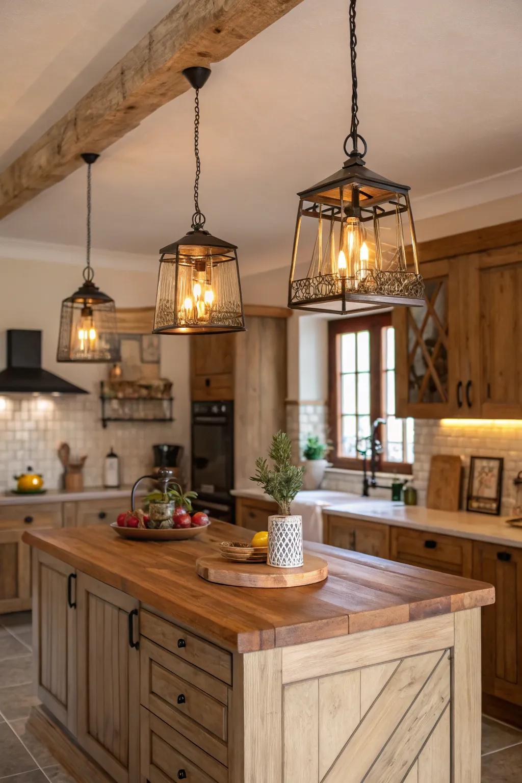 Wooden accents in lighting enhance the warmth of the kitchen.