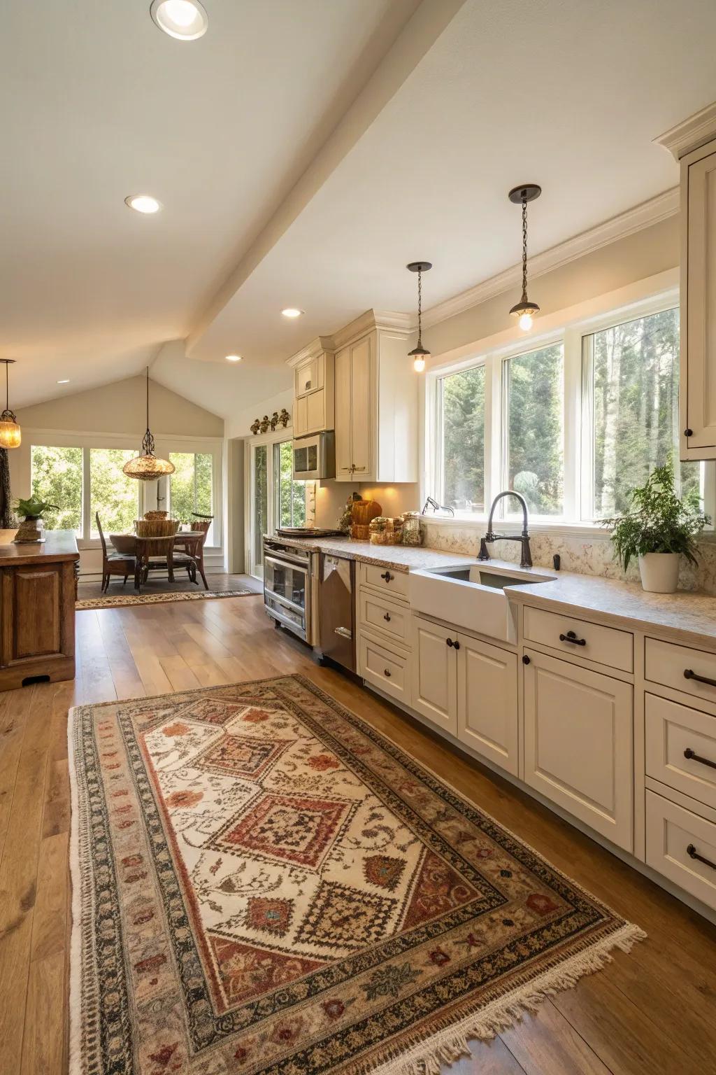 Vast area rugs anchor and infuse warmth into expansive kitchens.