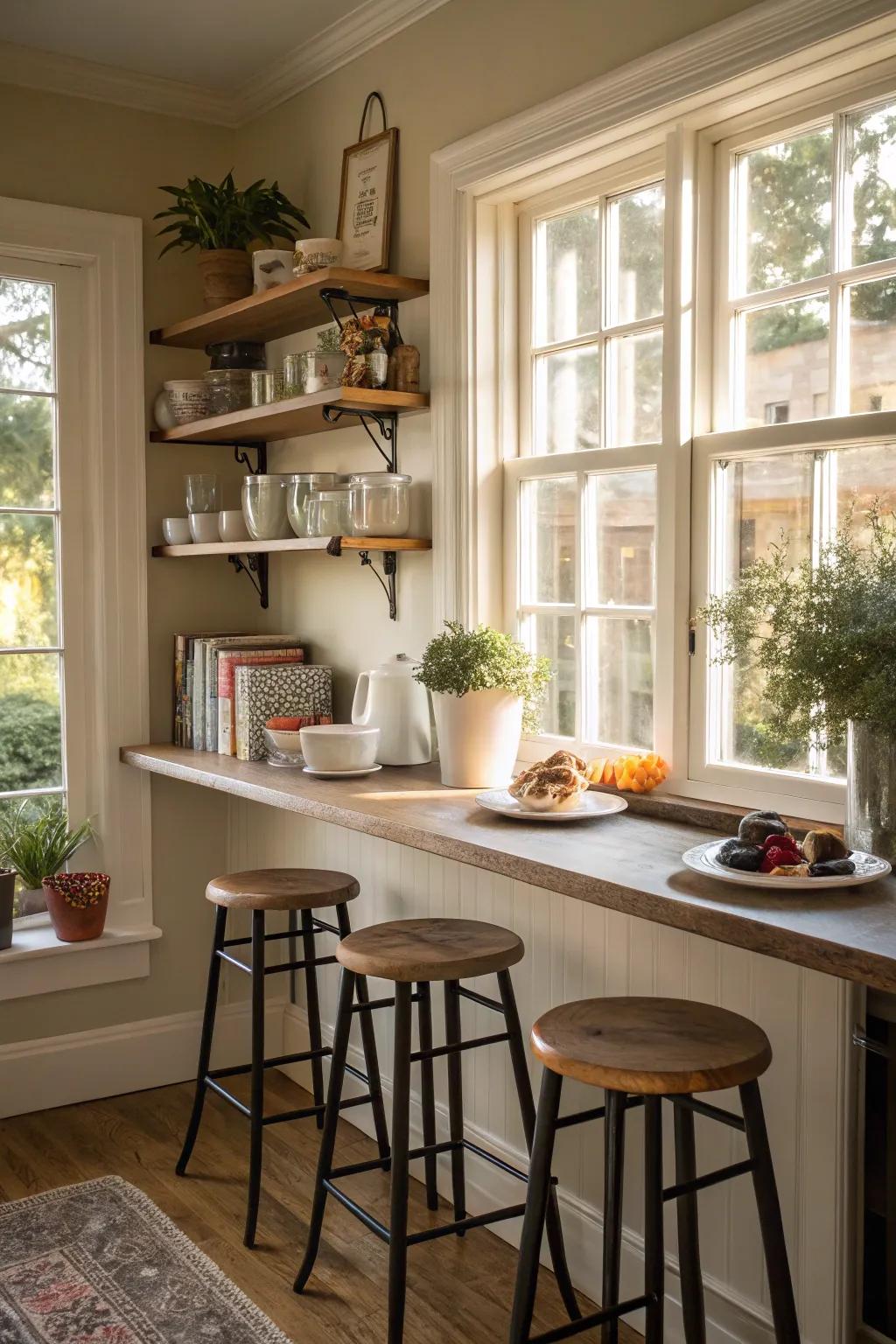 A breakfast nook by the window shelves is ideal for morning coffee.