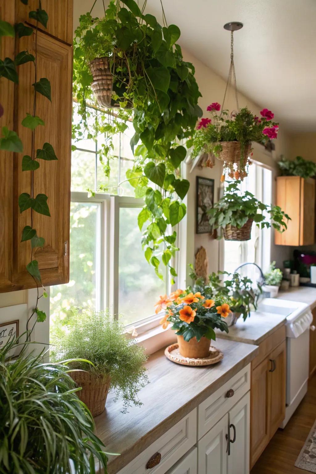 Flora encircling the window introduces vibrancy and an organic element to kitchens.