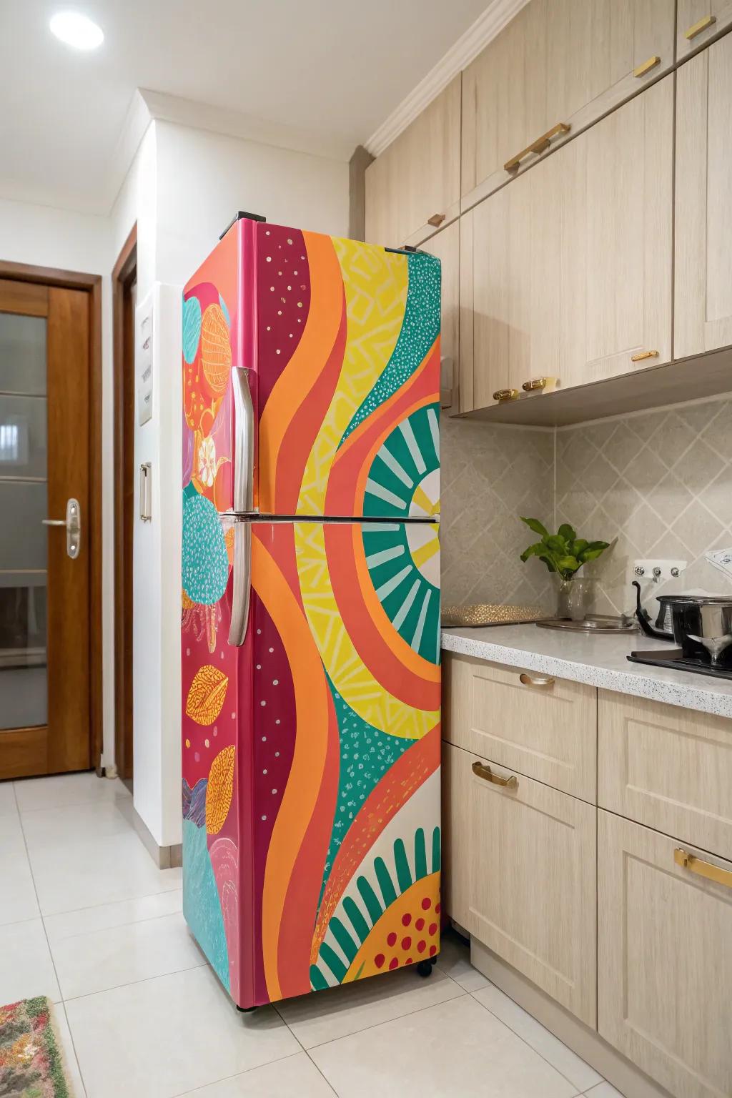 A vibrant chiller acting as the focal element within a neutral cooking area.