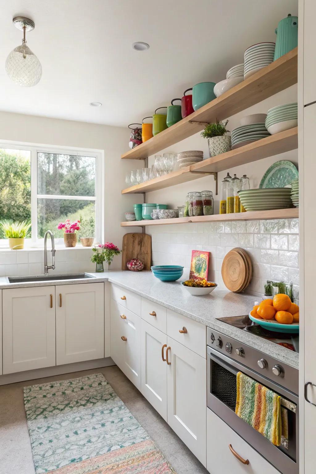 Open shelving adds charm and functionality to your kitchen space.